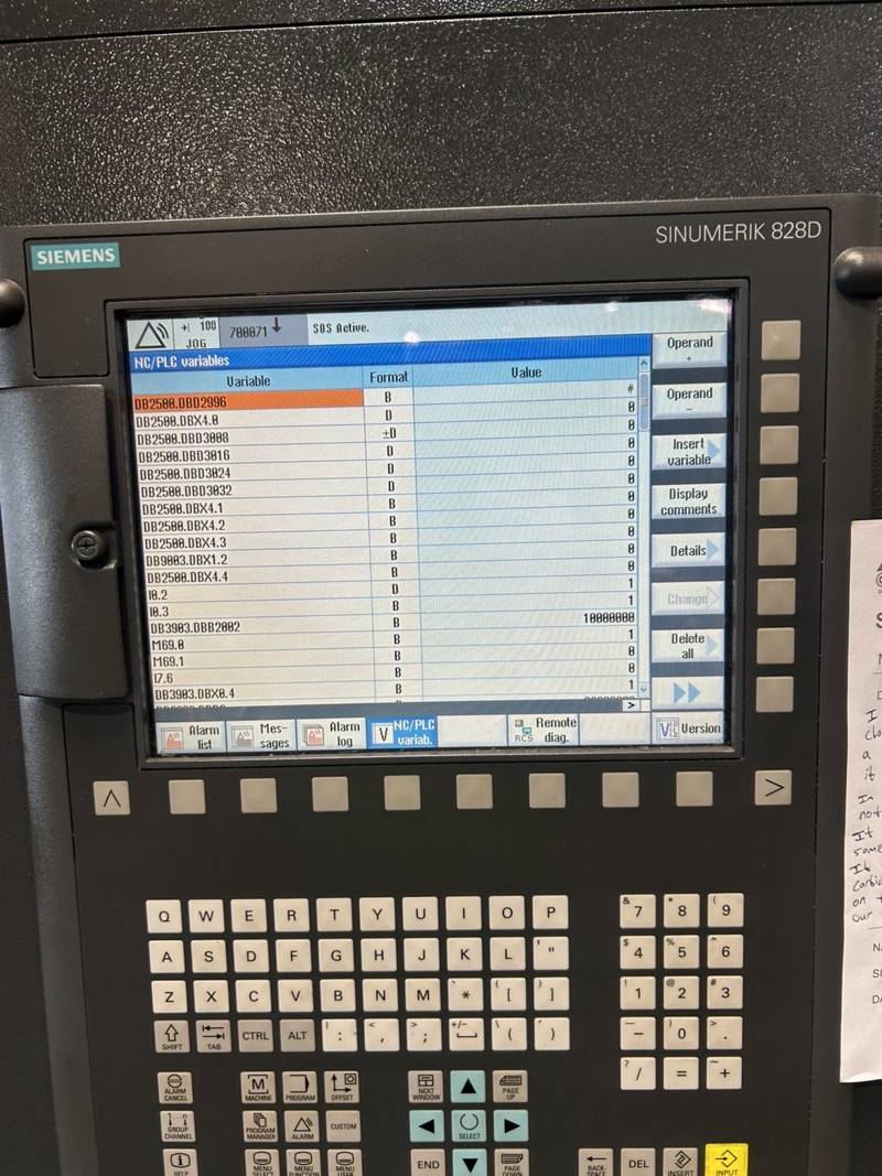 Siemens Sinumerik 828D control showing NC/PLC variables